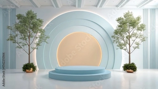 Obraz Modern minimalist stage with pastel blue tiered podium and trees in copper planters