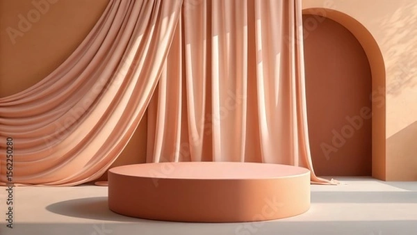 Obraz Elegant Peach-Toned Product Display: Minimalist Studio Backdrop with Draped Fabric and Archway.