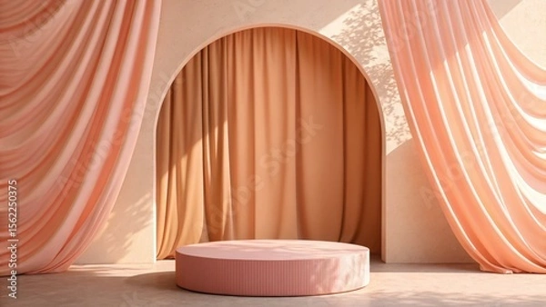 Obraz Serene Peach Draped Studio Backdrop: Minimalist Product Display Platform with Archway and Sunlight