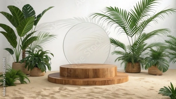 Obraz Serene Minimalist Tropical Product Display: Wooden Platform, Palm Plants, Sand, White Background