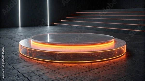 Obraz Futuristic Product Display: Illuminated Circular Platform with Neon Orange Accents and Dark Grey Stone Background.