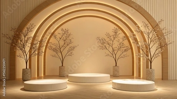 Obraz Serene Minimalist Product Display:  Cream Cylindrical Platforms, Wooden Arch Backdrop, Elegant Branch Decor.