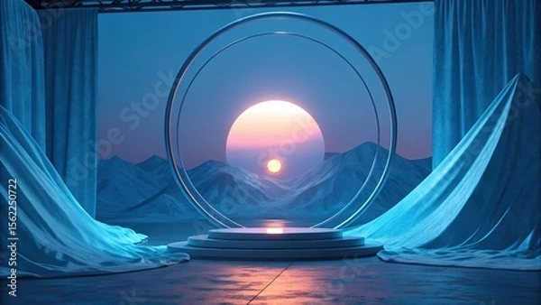 Obraz Serene Sunset: Minimalist Product Display with Blue Drapes and Geometric Archway