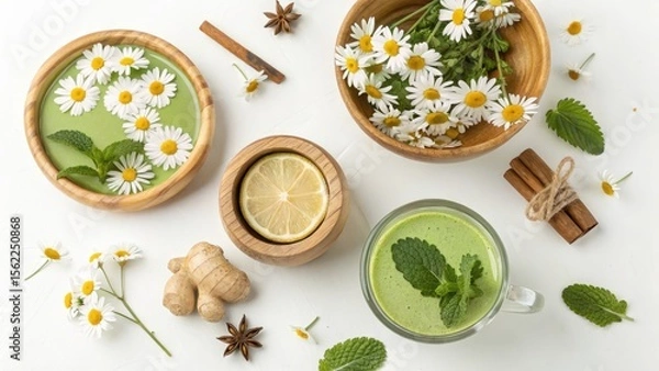 Obraz Serene Matcha Latte with Chamomile and Mint:  Aromatic Wellness Drink Photography, Flatlay Style, Calming Green Tones.