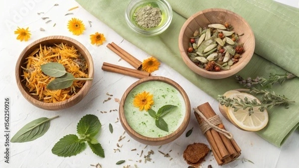 Obraz Serene Herbal Wellness Bowl:  Calming Green Smoothie with Calendula, Sage, and Cinnamon,  Artisan Wooden Bowls,  Spa-Like Atmosphere,  Natural Ingredients,  Relaxing Mood,  Healthy Lifestyle Concept.