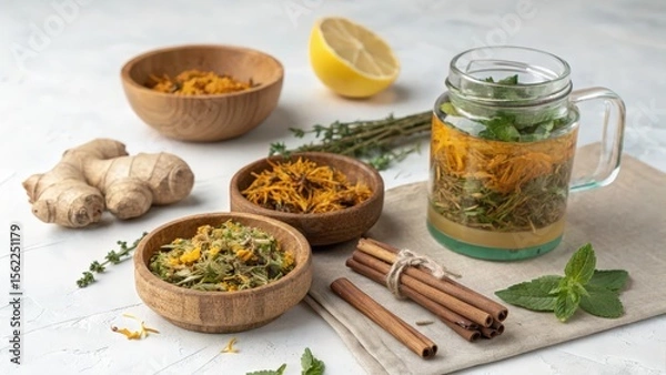 Obraz Herbal remedy ingredients including ginger dried herbs calendula cinnamon lemon and mint in wooden bowls and a mason jar