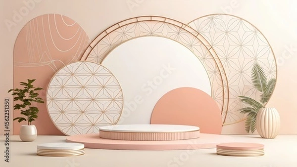 Obraz Elegant modern stage design with geometric patterns and plants for product display and advertising