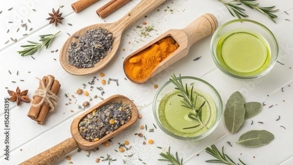 Obraz Aromatic spices and herbs including turmeric cinnamon star anise and rosemary with infused oils on white wood