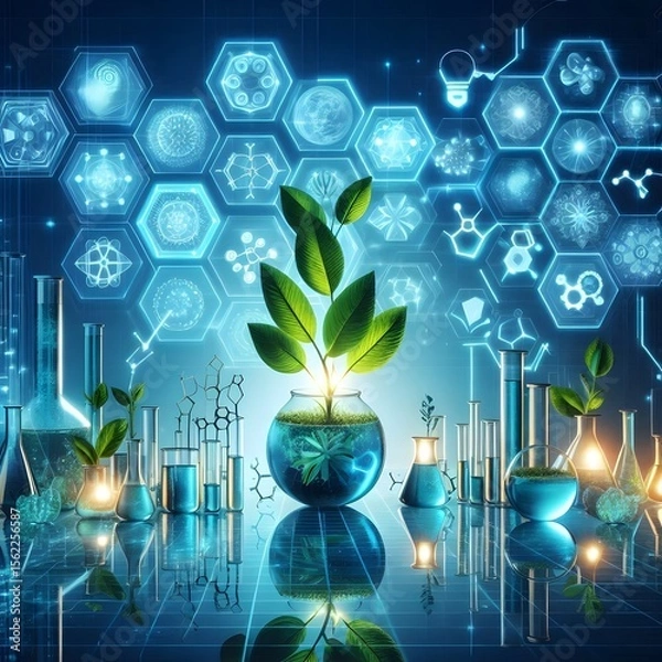 Fototapeta Futuristic science lab with growing plants and digital molecular structures
