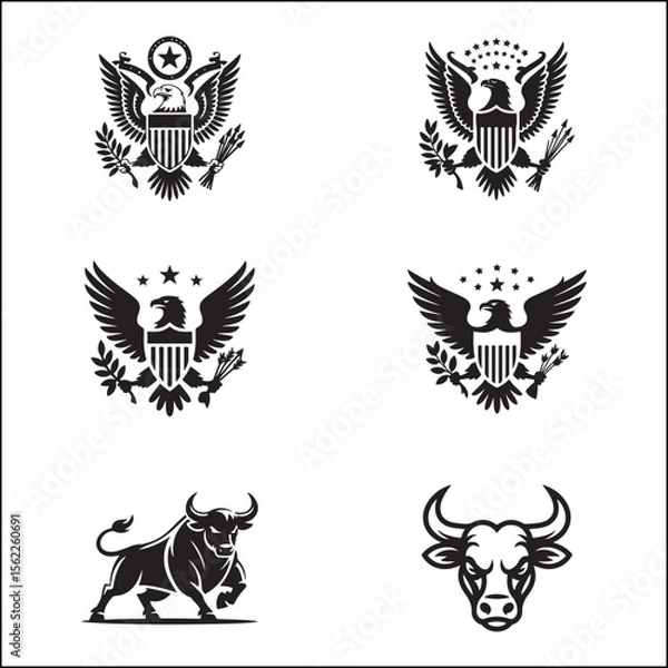 Fototapeta Collection of Eagle and Bull Logos in Black and White Style