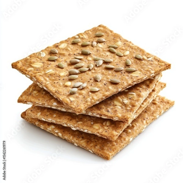 Fototapeta Stack of whole grain crackers with seeds isolated on white background