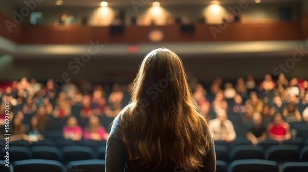 Obraz Woman speaking in a high school auditorium, inspiring young students, generative ai