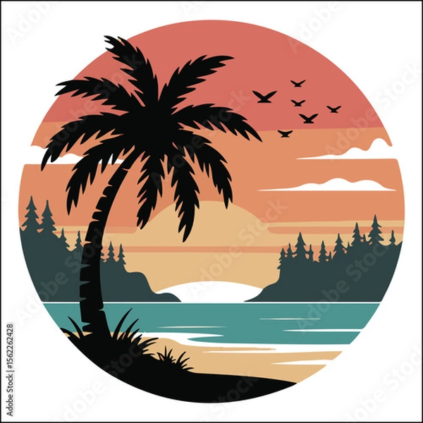 Obraz Retro Tropical Island Landscape with Palm Tree Sunset and Birds