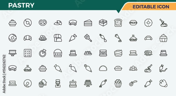 Fototapeta Pastry icon pack. Bakery related icon set. Includes thin line symbols cake, cookie, dessert, food, bake and more. Pixel perfect. Editable vector.