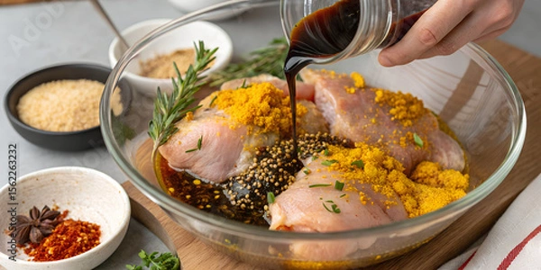Obraz Chicken is being marinated with spices, herbs, and a dark liquid in a glass bowl