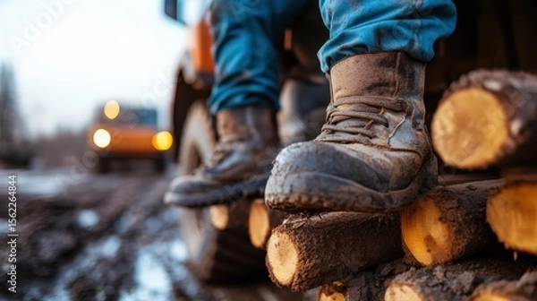 Fototapeta A rugged worker in durable boots perched on stacked logs creates a connection to labor and the outdoors, symbolizing hard work and perseverance. The blurred background of a heavy vehicle adds depth t
