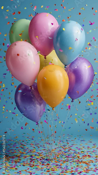Fototapeta Colorful balloons floating with confetti party celebration