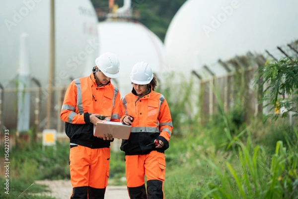 Fototapeta Two refinery workers discuss data on laptop, Backgroud of large storage tank, engineer communicate using walkie-talkie, industrial site operation