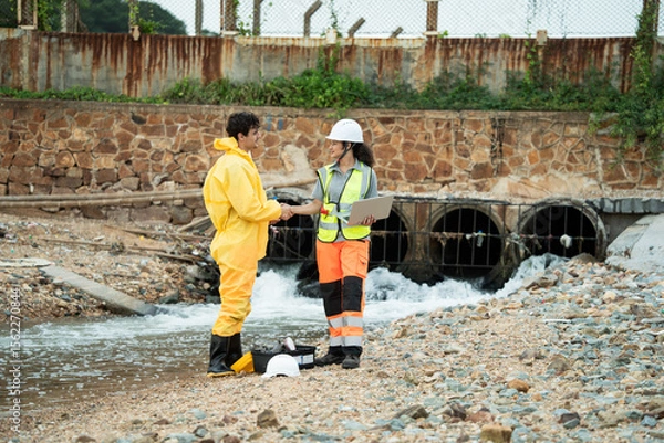 Fototapeta Two environmental workers shake hands near waste water, man in hazmat gear, success project, Teamwork, cooperation at water management location, industrial site
