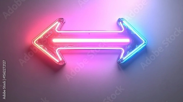 Fototapeta Neon arrow glowing on white background, futuristic illuminated directional sign ideal for digital signage, advertisements, and web graphics.