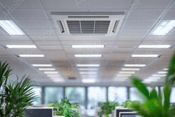 Fototapeta Interior view of an office with recessed lighting and air conditioning and various plants for decoration in the foreground.