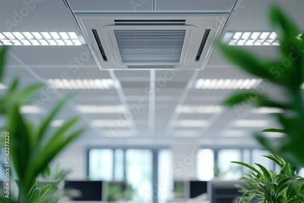 Fototapeta Office ceiling with a central ventilation system and fluorescent lighting, blurred green plants in foreground, serene work environment.