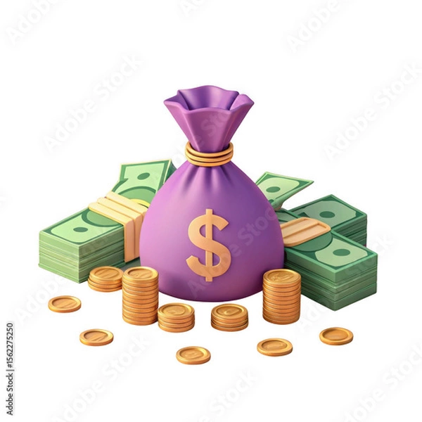 Fototapeta Purple money bag with dollar sign surrounded by stacks of cash and coins isolated on transparent background