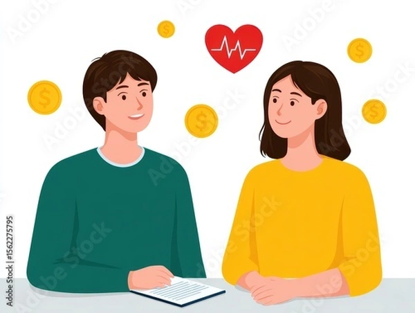 Fototapeta Young couple discussing finances and health concepts with icons of money and a heart rate above them in a bright illustration