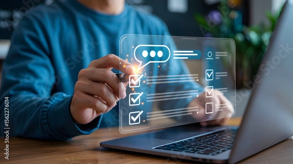 Fototapeta Businessman Completes Online Checklist using Laptop, showcasing a modern virtual interface for tasks and efficient project management.