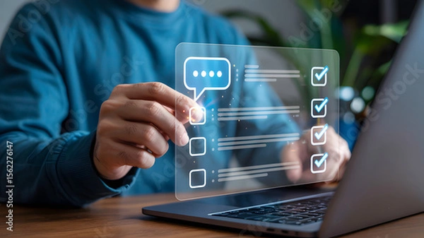 Fototapeta Man interacts with digital checklist on laptop, marking tasks as complete for increased productivity