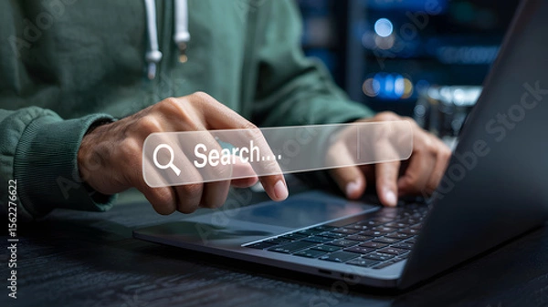 Fototapeta Person uses a laptop and types with a search bar overlay, finding information online for research or personal use, on a digital platform.