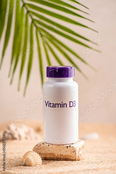 Fototapeta Bottle with capsules of the supplements vitamin d on the background of the sunny beach with sand in a white plastic jar. Vitamin D, fish oil. Healthy eating concept. High quality photo