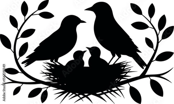 Fototapeta Silhouette of birds and a nest vector art illustration.