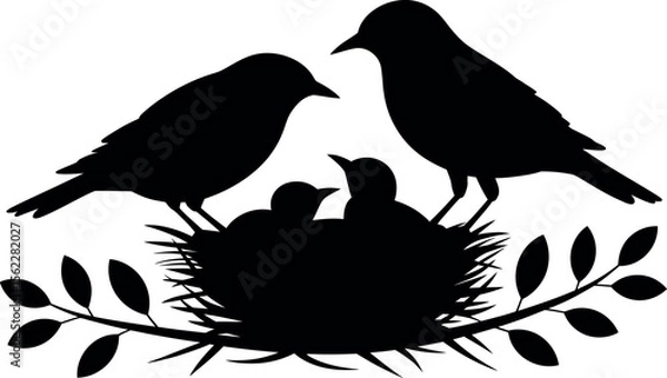 Fototapeta Silhouette of birds and a nest vector art illustration.