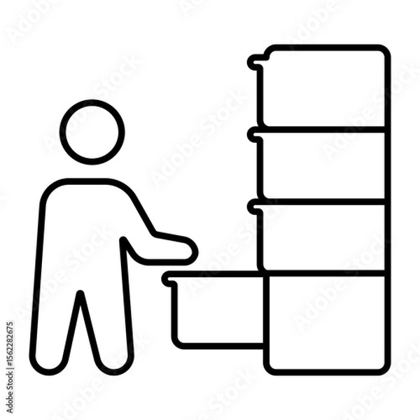 Fototapeta Person opens a cabinet shelf iconography illustration. Simple outline person activity icon.