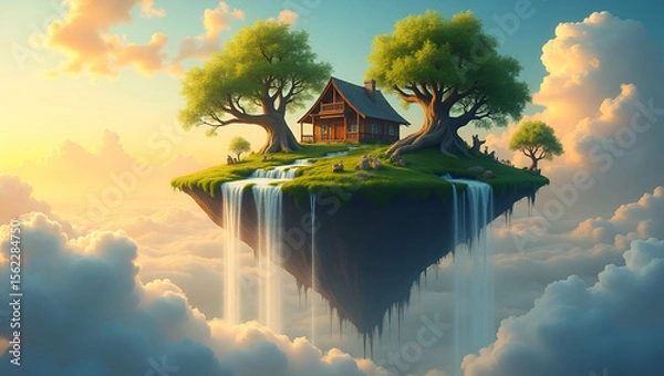Fototapeta Serene Luminous Floating Island Suspended in the Sky – Dreamy Fantasy Landscape with Glowing Light and Surreal Atmosphere
