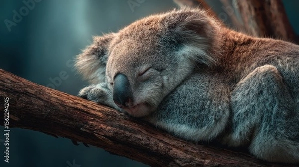 Fototapeta A cute koala bear sleeping on a branch