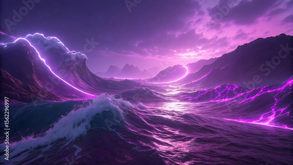 Obraz Surreal purple ocean waves glow with neon light under a dramatic cloudy sky