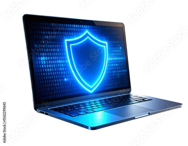 Fototapeta Angled View of Laptop with Blue Cybersecurity Shield on Black Screen, isolated on a transparent background