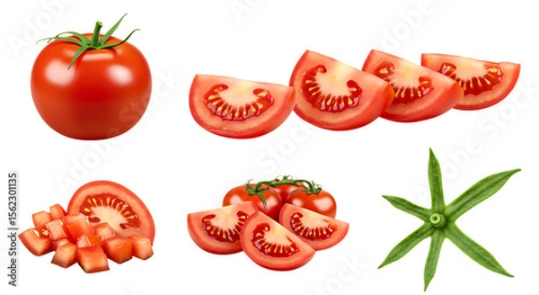 Fototapeta Fresh Tomato Slices ripe red tomato slice showing seeds and juicy texture. slices splshah piece small cut fine cut leaf transparent png set