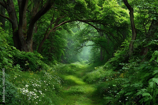 Fototapeta Verdant forest path dappled sunlight trees green