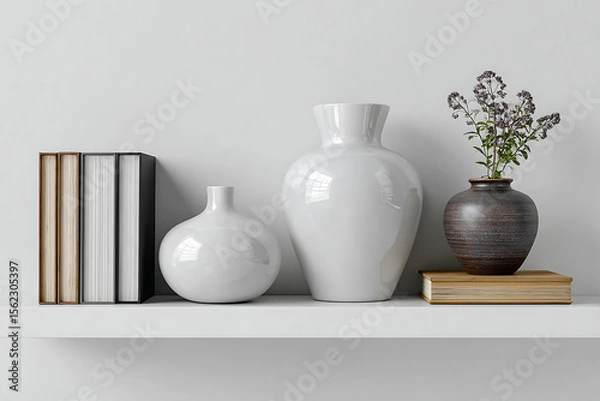 Fototapeta White and brown vases with books on shelf minimalist