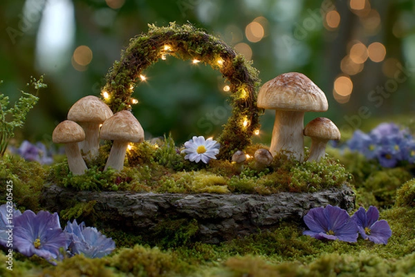 Fototapeta Whimsical mushroom display with fairy lights mushrooms