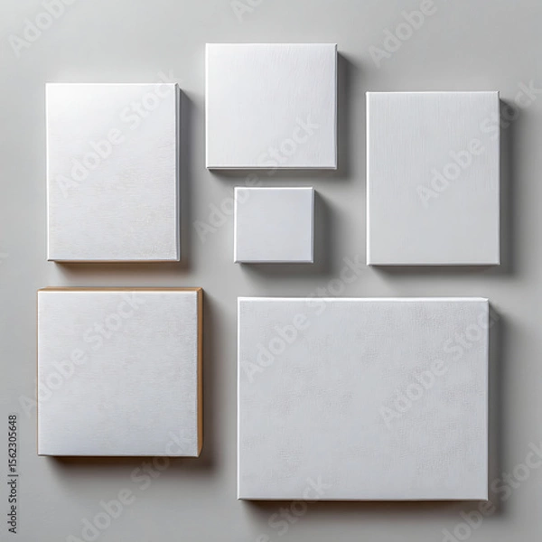 Fototapeta White canvases arranged on gray surface blank square