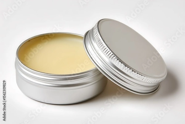 Fototapeta Open silver tin containing a light yellow cream substance on white background