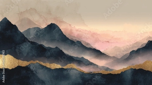 Fototapeta Mountain background vector. Minimal landscape art with watercolor brush and golden line art texture. Abstract art wallpaper for prints, Art Decoration, wall arts and canvas prints. , no logos, no bra