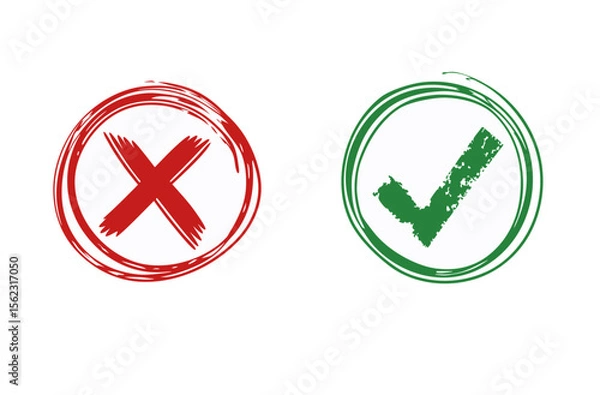 Fototapeta Hand-Painted Red 'X' and Green Checkmark Symbols on White Background – Bold Brushstroke Graphic for Decision-Making Concepts