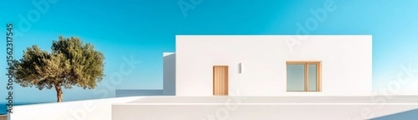 Fototapeta Minimalist White House with Tree, Blue Sky, Architecture, Design