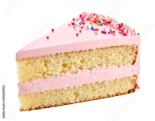 Obraz Tasty Vanilla Cake Slice with Pink Frosting and Rainbow Sprinkles, Isolated on Transparent Background