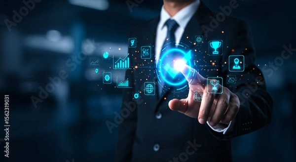 Fototapeta Businessman interacting with digital interface showing success and business analytics icons